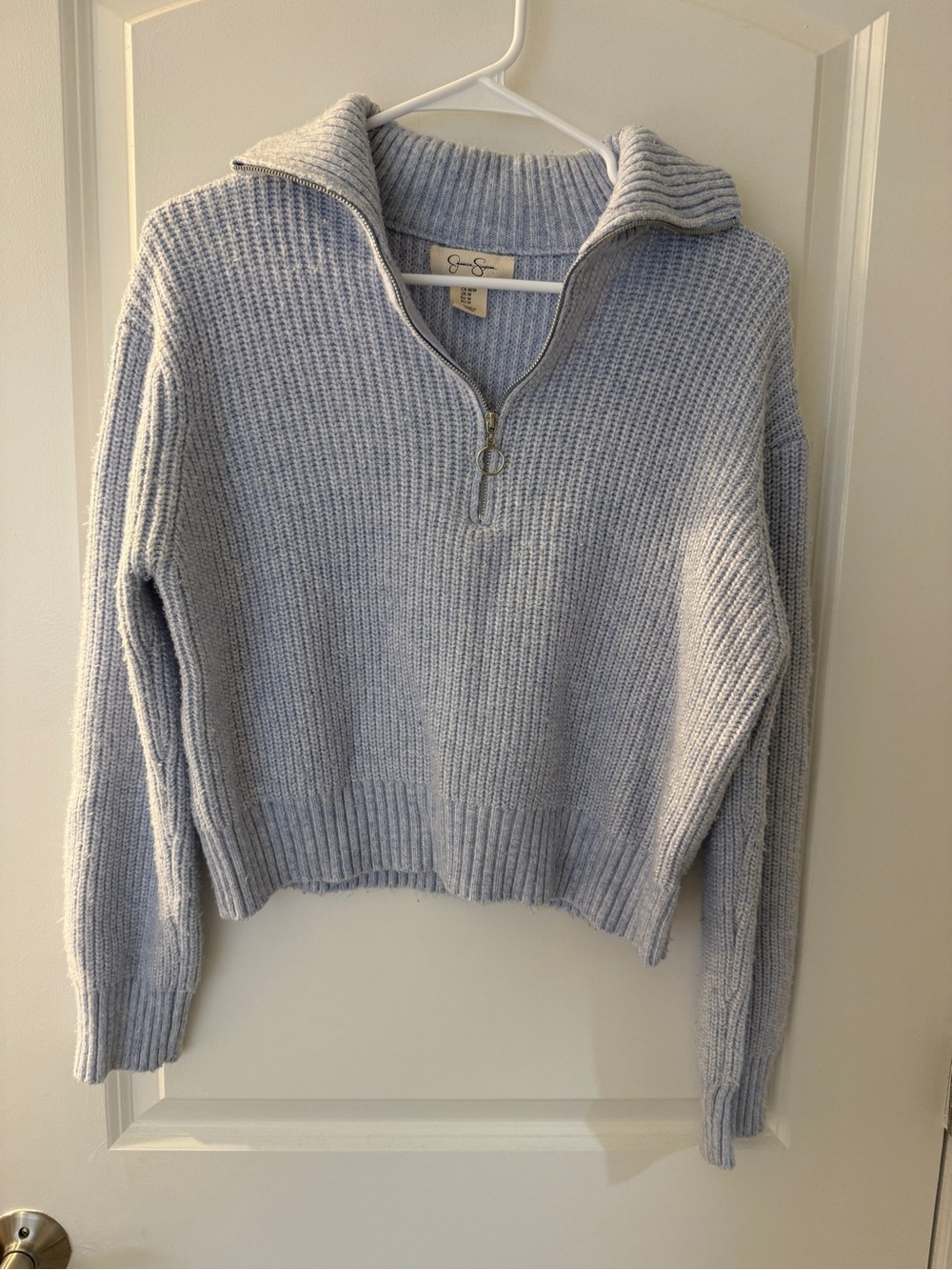 Jessica Simpson Light Blue Ribbed Quarter-Zip V-Neck Sweater